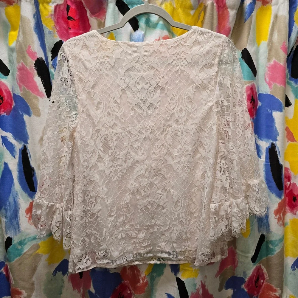 ModCloth White Lace Blouse Top Small Ivory V Neck 3/4 Ruffle Sleeve Elegant - Picture 8 of 10
